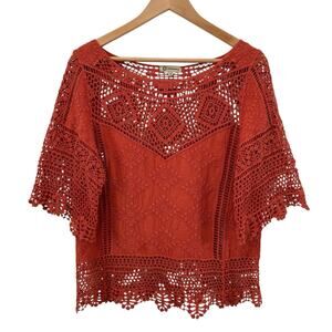Democracy Crochet Lace Boho Gauze Cotton Top Size M Rust Color Open Knit Hippie